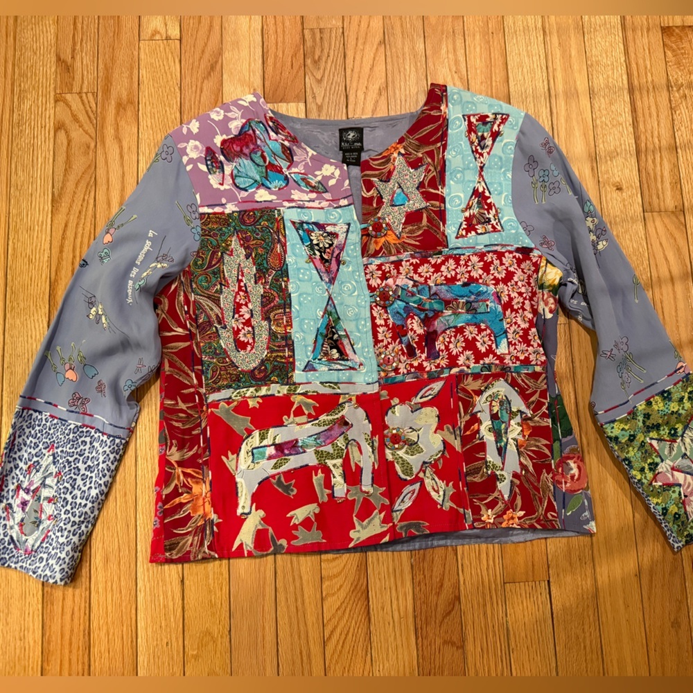 Colorful Patchwork Long Sleeve Top Mosaic Buttons Asian Inspired